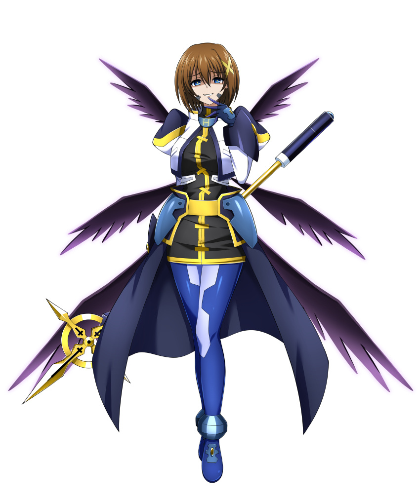 1girl absurdres arm_behind_back blue_eyes bright_pupils brown_hair commission evil_grin evil_smile eyebrows_hidden_by_hair full_body gloves grin hair_between_eyes hair_ornament highres hip_armor long_sleeves looking_at_viewer lyrical_nanoha mahou_shoujo_lyrical_nanoha mahou_shoujo_lyrical_nanoha_strikers multiple_wings numbers'_uniform numbers_(nanoha) oshimaru026 pixiv_commission puffy_sleeves schwertkreuz short_hair simple_background skirt smile solo staff waist_cape white_background white_pupils wings x_hair_ornament yagami_hayate