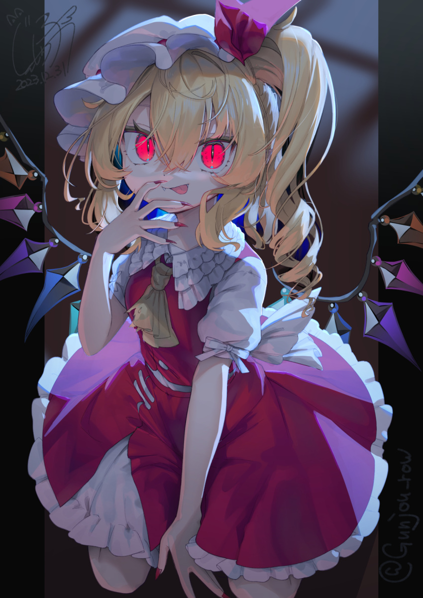 1girl ascot blonde_hair closed_mouth collared_shirt crystal dated fingernails flandre_scarlet gunjou_row hair_between_eyes hat highres long_fingernails long_hair looking_at_viewer mob_cap nail_polish one_side_up puffy_short_sleeves puffy_sleeves red_eyes red_nails red_skirt red_vest sharp_fingernails shirt short_sleeves signature skirt solo tongue tongue_out touhou vest white_headwear white_shirt wings yellow_ascot