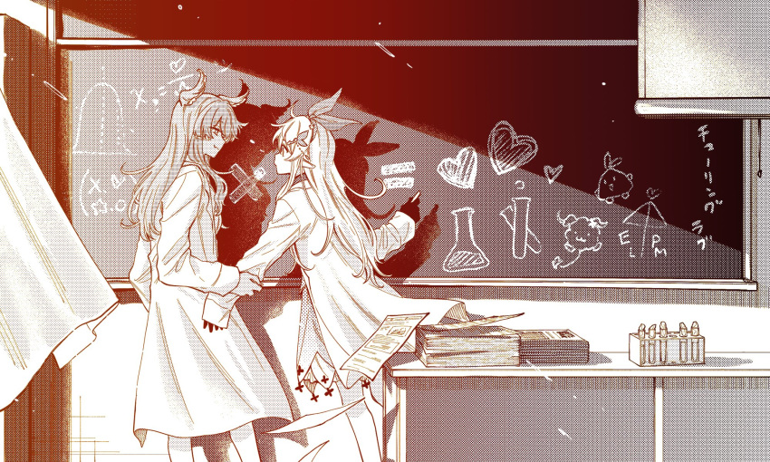 2girls bare_legs bow chalk chalkboard commentary_request curtains elira_pendora erlenmeyer_flask flask from_side gloves hair_bow hand_on_another's_arm head_wings highres holding holding_chalk imminent_kiss indoors kyouno lab_coat long_hair long_sleeves looking_at_another monochrome multiple_girls nijisanji nijisanji_en paper paper_stack pointy_ears pomu_rainpuff profile pulling shadow sidelocks single_glove smile test_tube turing_love wings yuri