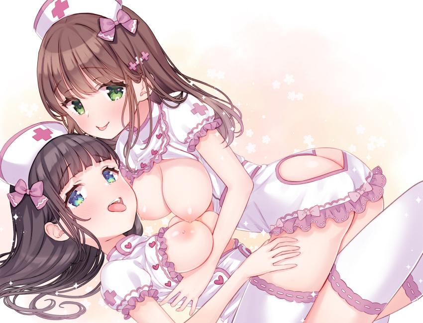 2girls aqua_eyes ass black_hair breasts breasts_out brown_hair dress green_eyes hair_ribbon hat highres long_hair lying medium_breasts mintsu_(ichi--kun) multiple_girls nipples non-web_source nurse nurse_cap on_back open_clothes open_shirt original ribbon smile thigh_straddling thighhighs thighs tongue tongue_out white_dress yuri