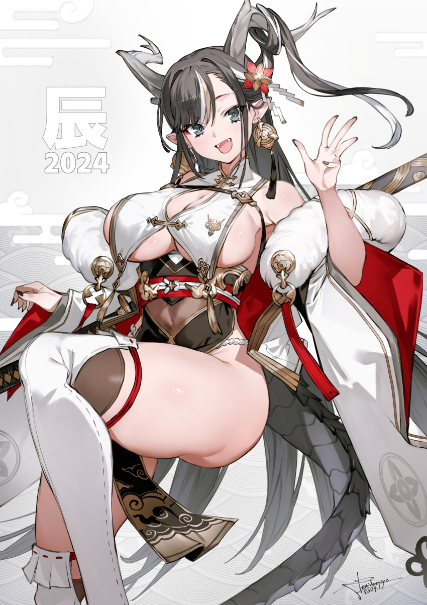 1girl 2024 :d black_hair black_nails blue_eyes breast_curtains breasts brown_hair chinese_zodiac commentary_request dated detached_sleeves dragon_girl dragon_horns dragon_tail fangs fingernails grey_background hair_ornament highres horns large_breasts long_hair looking_at_viewer multicolored_hair nail_polish open_mouth original pointy_ears signature smile solo streaked_hair tail thick_thighs thighhighs thighs toridamono w white_hair white_sleeves white_thighhighs wide_sleeves year_of_the_dragon