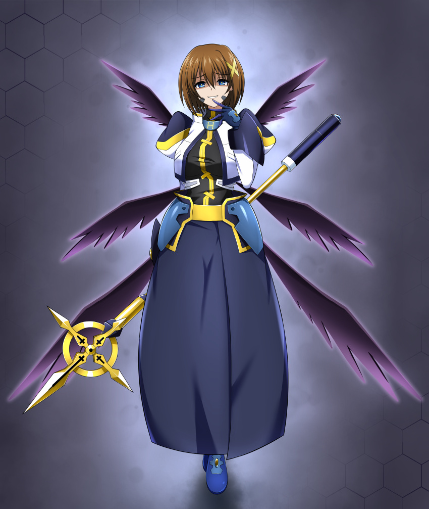 1girl absurdres arm_behind_back blue_eyes bright_pupils brown_hair commission evil_grin evil_smile eyebrows_hidden_by_hair full_body gloves grin hair_between_eyes hair_ornament highres hip_armor long_skirt long_sleeves looking_at_viewer lyrical_nanoha mahou_shoujo_lyrical_nanoha mahou_shoujo_lyrical_nanoha_strikers multiple_wings numbers'_uniform numbers_(nanoha) oshimaru026 pixiv_commission puffy_sleeves schwertkreuz short_hair skirt smile solo staff waist_cape white_pupils wings x_hair_ornament yagami_hayate