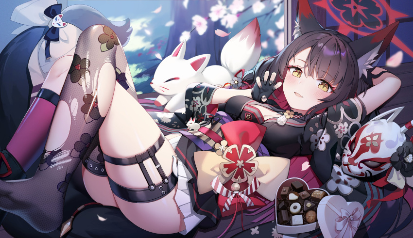 1girl absurdres animal_ear_fluff animal_ears asymmetrical_legwear black_gloves black_hair black_nails black_serafuku blue_archive blue_bow blush bow box breasts cherry_blossoms chocolate claw_pose cleavage company_name copyright_name crossed_legs english_text fingerless_gloves foot_out_of_frame fox fox_ears fox_girl fox_hair_ornament fox_mask fox_tail gloves grass hair_bow halo heart-shaped_box highres indoors jehyun large_breasts long_hair looking_at_viewer lying mask mismatched_legwear official_art on_back open_mouth school_uniform serafuku shouji sidelocks skirt sliding_doors slit_pupils solo tail thigh_strap torn_clothes tree valentine very_long_hair wakamo_(blue_archive) white_skirt wooden_floor yellow_eyes