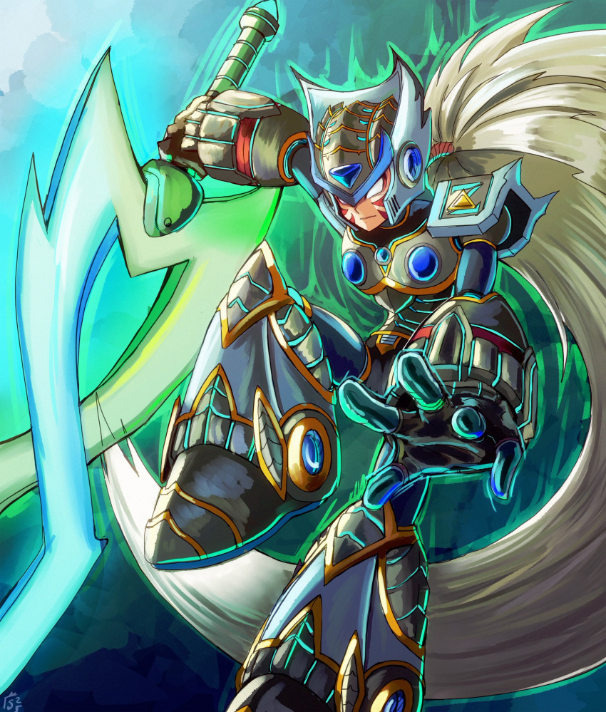 alternate_color alternate_eye_color alternate_hair_color armor aura blue_gemstone corruption crossover dark_persona double_helix facial_tattoo fierce_deity gem gloves glowing glowing_sword glowing_weapon helmet highres holding holding_weapon long_hair looking_down mega_man_(series) mega_man_x_(series) no_pupils ponytail possessed stoic_seraphim sword tattoo the_legend_of_zelda the_legend_of_zelda:_majora's_mask triangle weapon white_eyes white_hair zero_(mega_man)