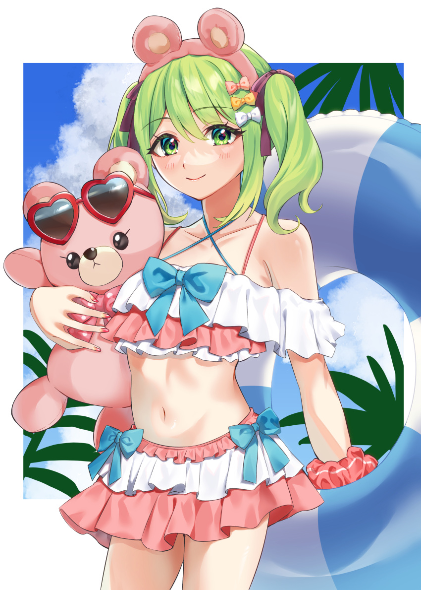 1girl absurdres animal_ears bare_shoulders bear_ears bikini blue_bow blue_sky blush bow closed_mouth cloud cloudy_sky collarbone criss-cross_halter day fake_animal_ears green_eyes green_hair hair_between_eyes hairband halterneck highres hugging_object innertube morinaka_kazaki navel nijisanji pink_bikini pink_bow pink_hairband pink_scrunchie scrunchie sidelocks sky smile solo stuffed_animal stuffed_toy swimsuit teddy_bear tsumetsume_zerii twintails virtual_youtuber white_bikini white_bow wrist_scrunchie yellow_bow