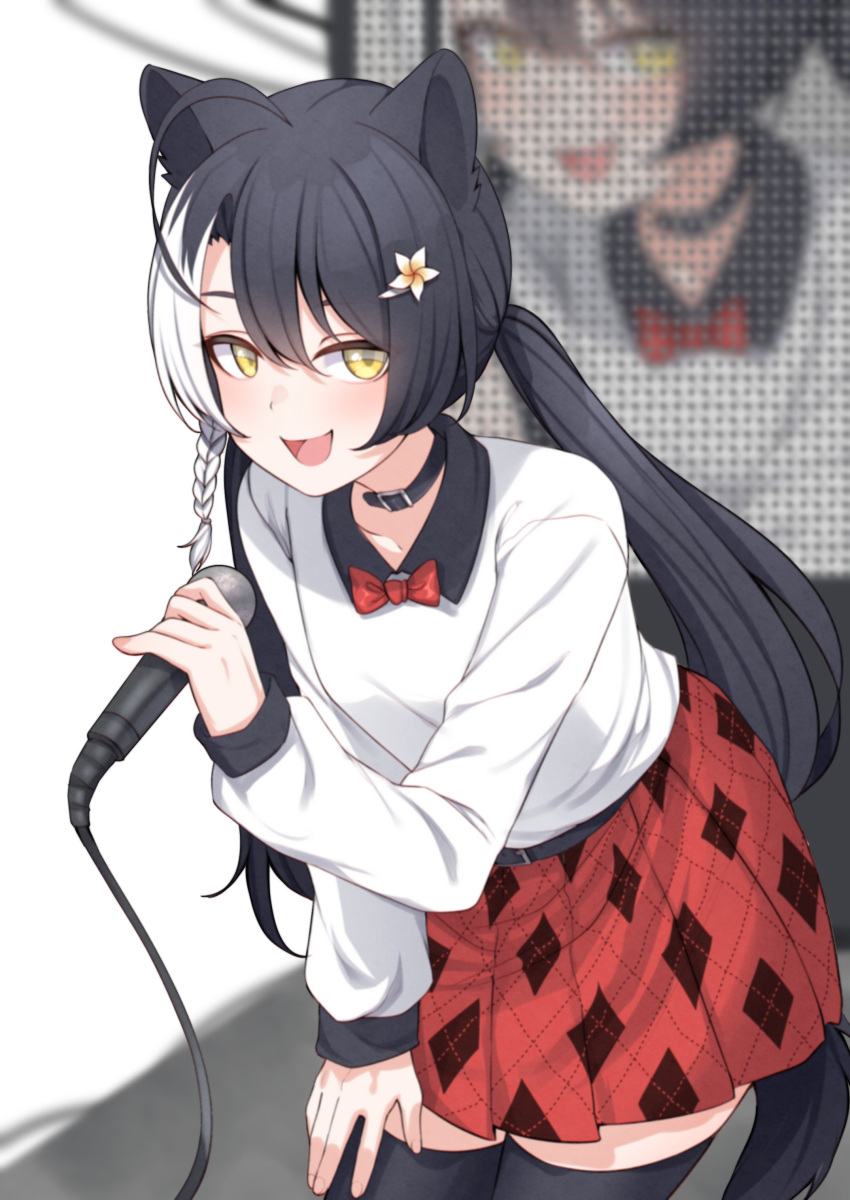 1girl absurdres ahoge animal_ears belt belt_collar black_belt black_hair black_thighhighs bow bowtie braid collar collarbone commission dog_ears dog_girl dog_tail flower hair_between_eyes hair_flower hair_ornament highres holding holding_microphone indie_virtual_youtuber leaning_forward long_hair low_twintails microphone minori_nyabe multicolored_hair open_mouth pleated_skirt red_bow red_bowtie red_skirt screen skirt streaked_hair sweater tail thighhighs twintails two-tone_hair valefal_coneri vgen_commission virtual_youtuber white_flower white_hair white_sweater yellow_eyes zettai_ryouiki