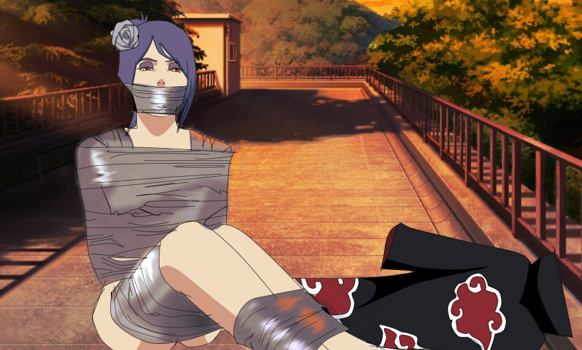 akatsuki_uniform bound bound_ankles bound_arms bound_thighs bound_torso gag highres improvised_gag konan_(naruto) naruto naruto_(series) naruto_shippuuden non-web_source nude orange_eyes purple_hair tape tape_bondage tape_gag