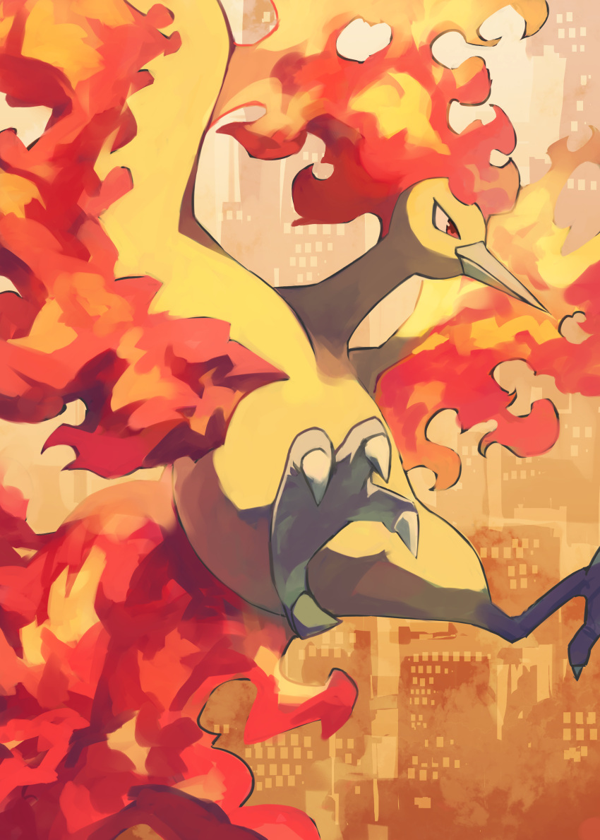 absurdres animal_focus beak bird cityscape commentary_request fire floating gara_(qbeuxvii22) highres moltres no_humans pokemon pokemon_(creature) red_eyes talons wings