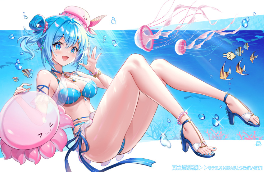 1girl animal_hat anklet anzumame armpit_crease bare_legs bikini blue_bikini blue_eyes blue_hair blue_nails bracelet breasts bubble cleavage commentary commission coral feet full_body hair_rings haiyi hand_up hat high_heels jellyfish jewelry legs letterboxed looking_at_viewer medium_breasts nail_polish ocean one_side_up open_mouth pink_headwear pixiv_commission plantar_flexion sandals short_hair signature smile solo strapless strapless_bikini strappy_heels swimsuit synthesizer_v toenail_polish toenails toes translation_request tropical_fish
