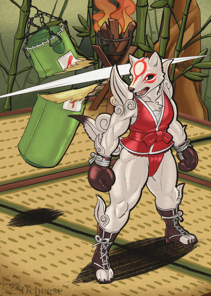 2023 absurd_res amaterasu_(okami) anthro asian_clothing bamboo black_eyes boots boxing boxing_gloves canid canine canis capcom chest_tuft claws clothing dcheese deity digital_media_(artwork) dipstick_tail east_asian_clothing facial_markings female footwear forehead_markings fundoshi handwear head_markings hi_res japanese_clothing mammal markings muscular muscular_female obi okami_(capcom) open_mouth punching_bag solo sport tail tail_markings toe_claws toeless_boots toeless_footwear torch tuft underwear wolf