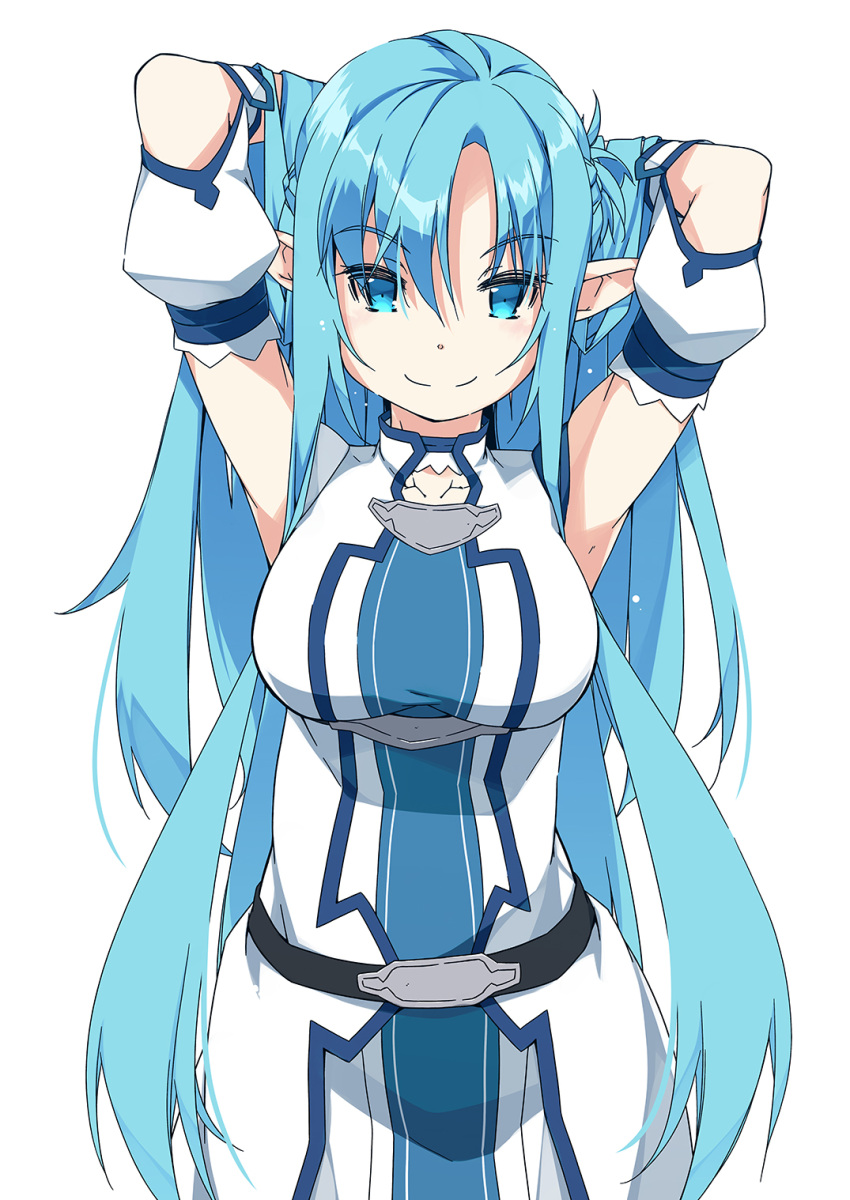 1girl aqua_eyes aqua_hair armpits arms_up asuna_(sao) belt black_belt breasts commentary_request cowboy_shot detached_sleeves dress elf fairy_(sao) fantasy hands_in_own_hair highres jacket large_breasts long_hair pointy_ears shikei simple_background smile solo sword_art_online very_long_hair white_background white_dress white_jacket