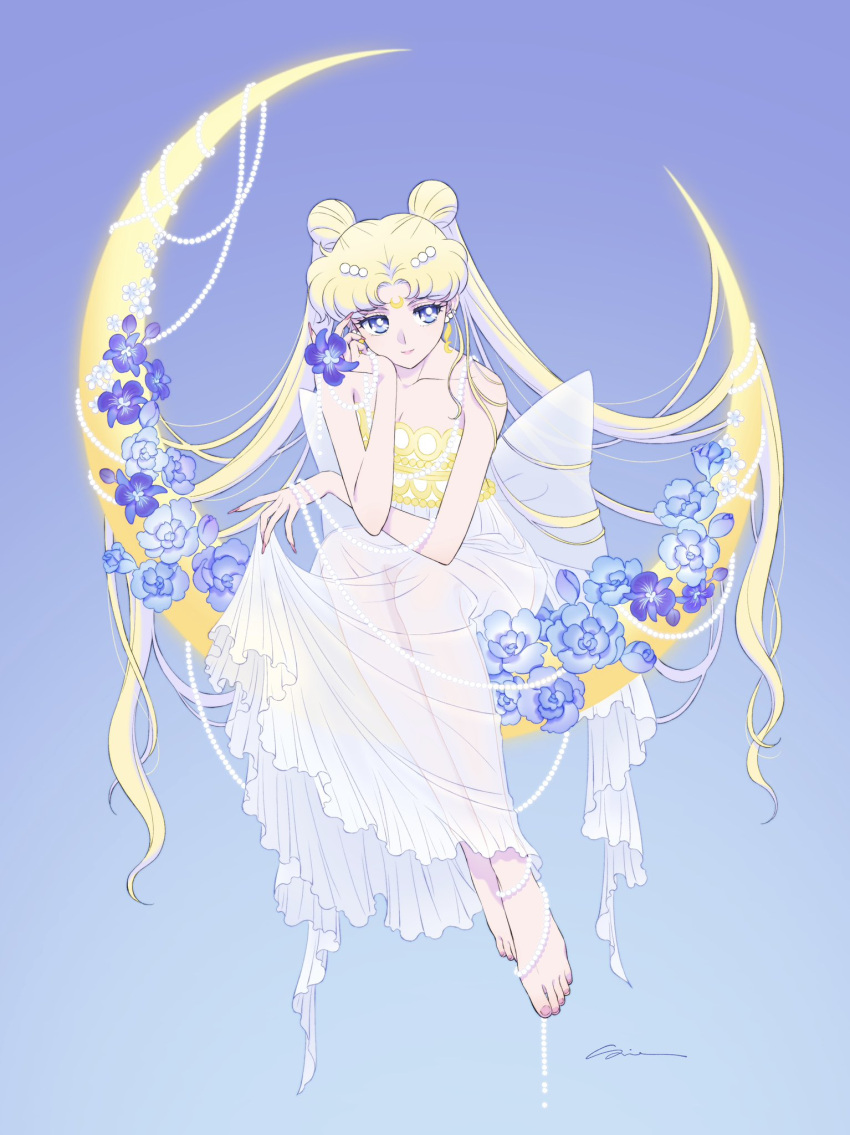 1girl back_bow barefoot bishoujo_senshi_sailor_moon blonde_hair blue_eyes blue_flower bow breasts cleavage commission crescent crescent_earrings crescent_facial_mark dress earrings facial_mark flower forehead_mark highres jewelry long_dress long_hair parted_bangs pink_nails princess_serenity see-through see-through_dress sidney_deng sitting solo tsukino_usagi very_long_hair white_dress