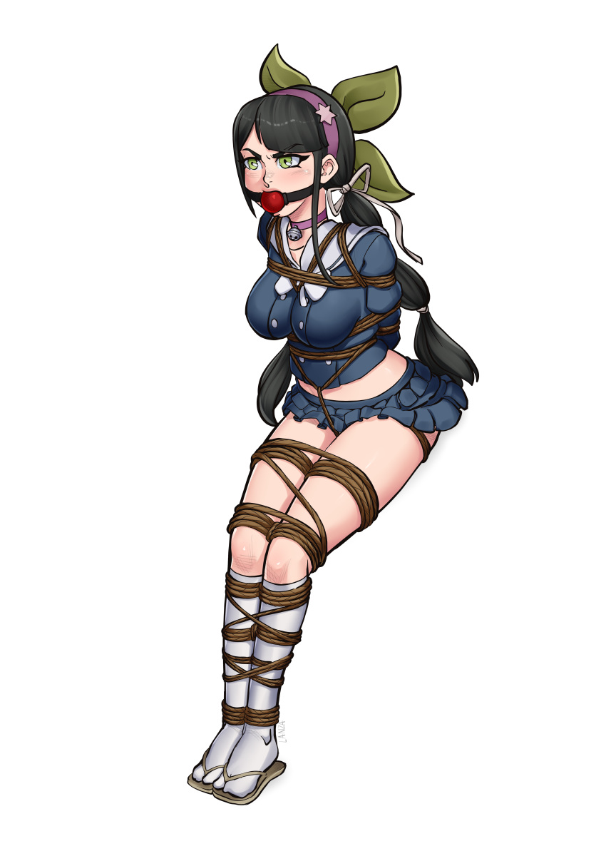 1girl absurdres angry asymmetrical_hair ball_gag bdsm bell black_hair blue_shirt blue_skirt bondage bound bound_ankles bound_arms bound_legs bound_thighs bow bowtie breasts chabashira_tenko choker commission commissioner_upload crotch_rope danganronpa_(series) danganronpa_v3:_killing_harmony gag gagged green_eyes hair_ornament hairband headband highres long_hair neck_bell non-web_source pink_choker ponytail purple_hairband restrained rope sailor_collar shibari shirt sidelocks skirt slippers socks solo star_(symbol) star_hair_ornament thunkstudio transparent_background twintails variant_set white_bow white_bowtie white_sailor_collar white_socks