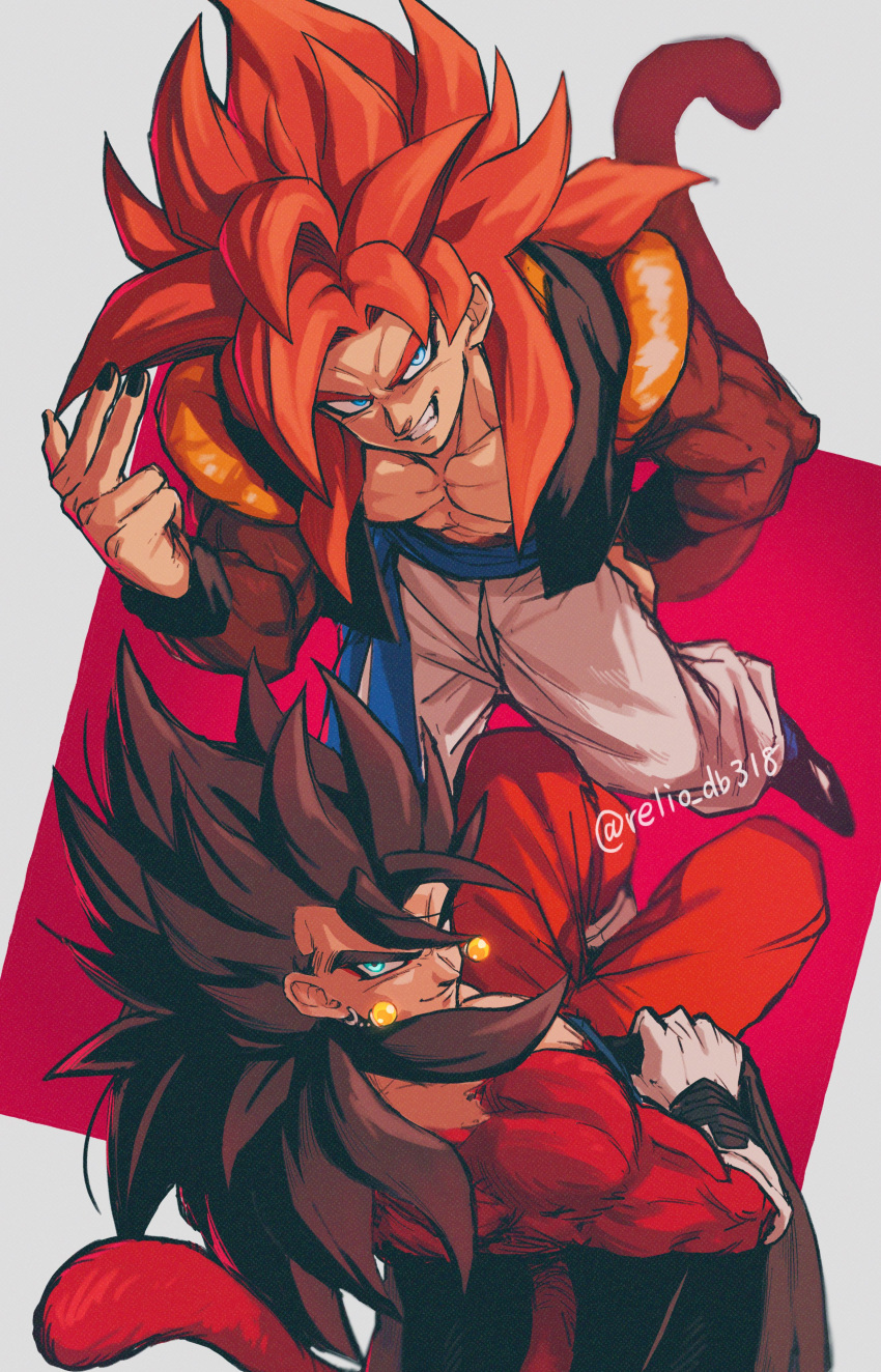 absurdres biceps black_wristband blue_eyes blue_sash body_fur dragon_ball dragon_ball_gt dragon_ball_heroes earrings gogeta highres jewelry looking_at_viewer male_focus metamoran_vest monkey_boy monkey_tail muscular muscular_male no_nipples pants pectorals potara_earrings red_fur red_hair relio_db318 sash simple_background smile spiked_hair super_saiyan super_saiyan_1 super_saiyan_4 tail vegetto vegetto_(xeno) veins veiny_hands white_pants