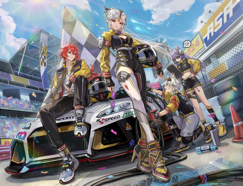 2boys 2girls absurdres bennett_(genshin_impact) breasts car cleavage diluc_(genshin_impact) genshin_impact goggles goggles_on_head hair_between_eyes highres keqing_(genshin_impact) long_hair looking_at_viewer motor_vehicle multiple_boys multiple_girls ningguang_(genshin_impact) official_alternate_costume official_alternate_hairstyle official_art ponytail race_vehicle racecar racing_suit red_eyes red_hair sunglasses xude