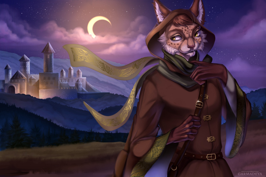 2021 aidan_(sryer) anthro castle clothing eurasian_lynx felid feline forest forest_background garmadeya lynx male mammal moon nature nature_background plant robe solo tree yellow_eyes