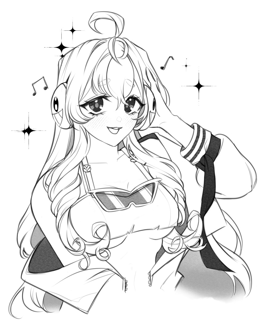 1girl ahoge breasts camisole collarbone commission crop_top curly_hair eyewear_around_neck greyscale hand_on_headphones headphones highres hopetokki indie_virtual_youtuber long_hair monochrome musical_note off_shoulder open_mouth short_eyebrows smile solo sparkle teeth torn_camisole torn_clothes unzipped upper_body upper_teeth_only vgen_commission virtual_youtuber vividly_vivi