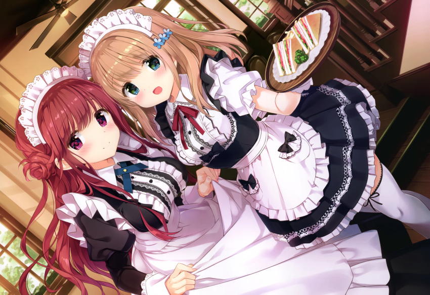 2girls apron blue_eyes breasts brown_hair food kimishima_ao long_hair maid original purple_eyes red_hair scan thighhighs waitress