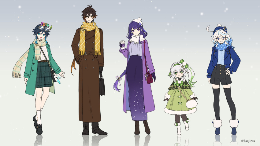 2024 2boys 3girls :d absurdres ahoge alternate_costume amaichi_esora androgynous aqua_eyes aqua_hair bag belt beret black_footwear black_gloves black_hair black_shorts black_thighhighs blue_eyes blue_hair blue_headwear blue_jacket blue_scarf boots bow braid brown_belt brown_eyes brown_hair brown_scarf buttons closed_mouth coat coat_dress coffee_cup contrapposto cowlick cross-shaped_pupils cup disposable_cup double-breasted double-parted_bangs dress drop-shaped_pupils earrings eyewear_on_head flower full_body fur-trimmed_boots fur_trim furina_(genshin_impact) genshin_impact glasses gloves gradient_background gradient_hair green_bow green_coat green_eyes green_hair green_jacket green_shorts grin hair_between_eyes hair_flower hair_ornament hand_on_own_hip handbag hat hat_ribbon heterochromia highres holding holding_bag holding_cup jacket jewelry leaf_hair_ornament light_blue_hair long_hair long_skirt long_sleeves looking_at_viewer mismatched_pupils mole mole_under_eye multicolored_eyes multicolored_hair multiple_boys multiple_girls nahida_(genshin_impact) open_clothes open_jacket open_mouth pinwheel plaid plaid_scarf pointy_ears polka_dot polka_dot_scarf pom_pom_(clothes) ponytail purple_eyes purple_hair purple_jacket raiden_shogun reflection reflective_floor ribbon scarf short_hair short_hair_with_long_locks shorts side_braids side_ponytail sidelocks single_earring skirt smile snow socks standing standing_on_one_leg streaked_hair sweater symbol-shaped_pupils tassel tassel_earrings thighhighs trench_coat twin_braids twitter_username two-tone_hair venti_(genshin_impact) very_long_hair white_background white_footwear white_hair white_headwear white_scarf white_socks yellow_scarf zhongli_(genshin_impact)