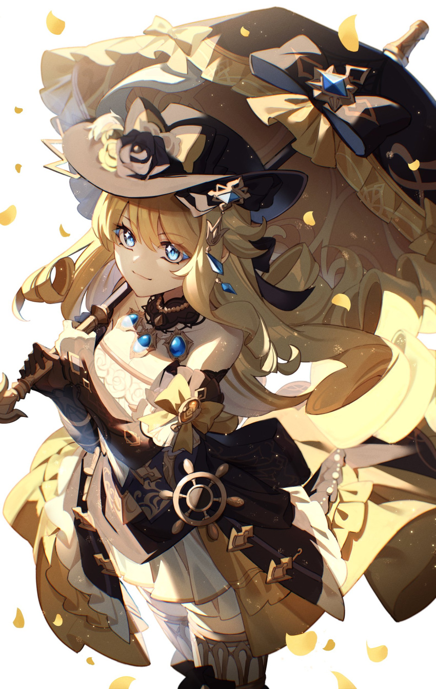 1girl absurdres bare_shoulders black_headwear blonde_hair blue_eyes bow breasts cleavage commentary_request cowboy_shot detached_sleeves dress genshin_impact highres hizuki_miya holding holding_umbrella jewelry long_hair looking_at_viewer navia_(genshin_impact) necklace simple_background smile solo standing thighhighs umbrella very_long_hair white_background yellow_bow