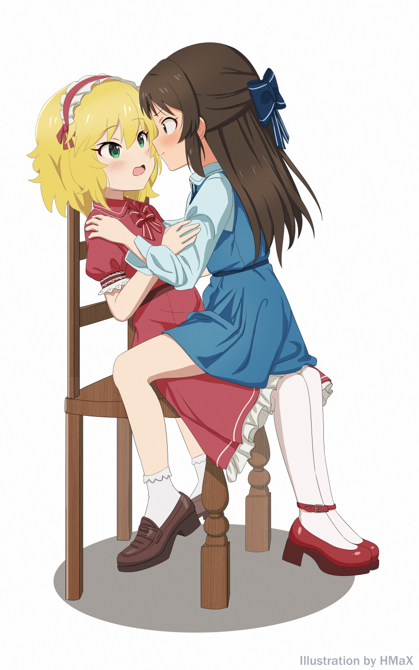 2girls absurdres blonde_hair blue_bow blue_shirt blue_skirt bow brown_eyes brown_footwear brown_hair chair closed_mouth commentary_request eye_contact frilled_hairband frills green_eyes hair_bow hairband highres hmax idolmaster idolmaster_cinderella_girls idolmaster_cinderella_girls_starlight_stage loafers long_hair long_sleeves looking_at_another multiple_girls on_chair open_mouth pantyhose red_hairband red_shirt red_skirt sakurai_momoka shirt shoes short_hair short_sleeves simple_background sitting sitting_on_lap sitting_on_person skirt tachibana_arisu white_background white_pantyhose yuri