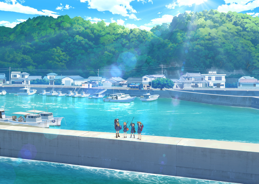 boat building clouds houkago_teibou_nisshi scenic school_uniform skirt sky tagme_(artist) tagme_(character) water