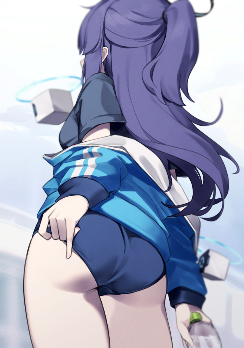 1girl adjusting_buruma adjusting_clothes ass black_buruma black_shirt blue_archive blue_jacket bottle buruma from_behind gym_uniform highres jacket long_hair off_shoulder official_alternate_costume ponytail shirt short_sleeves solo thighs track_jacket wakamepiza water_bottle yuuka_(blue_archive) yuuka_(track)_(blue_archive)