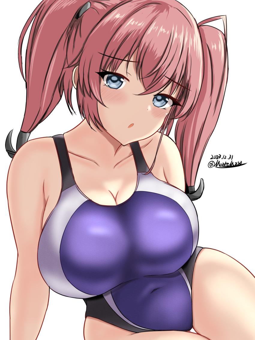 1girl anchor_hair_ornament atlanta_(kancolle) bare_legs black_one-piece_swimsuit breasts brown_hair competition_swimsuit covered_navel dated earrings grey_eyes hair_ornament highres impossible_clothes impossible_swimsuit jewelry kantai_collection large_breasts long_hair montemasa multicolored_clothes multicolored_swimsuit one-hour_drawing_challenge one-piece_swimsuit purple_one-piece_swimsuit solo star_(symbol) star_earrings swimsuit twitter_username two-tone_swimsuit two_side_up upper_body