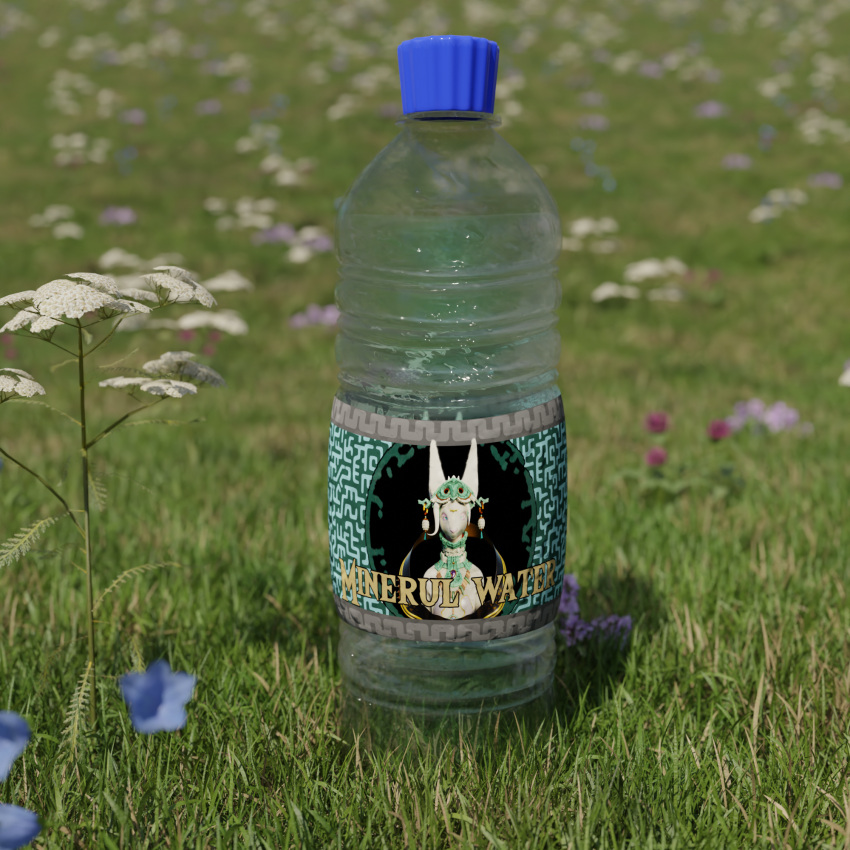 1:1 3d_(artwork) anthro blender_(software) bottle container digital_media_(artwork) doublestuffed female grass hi_res humor mineru outside plant solo water water_bottle zonai