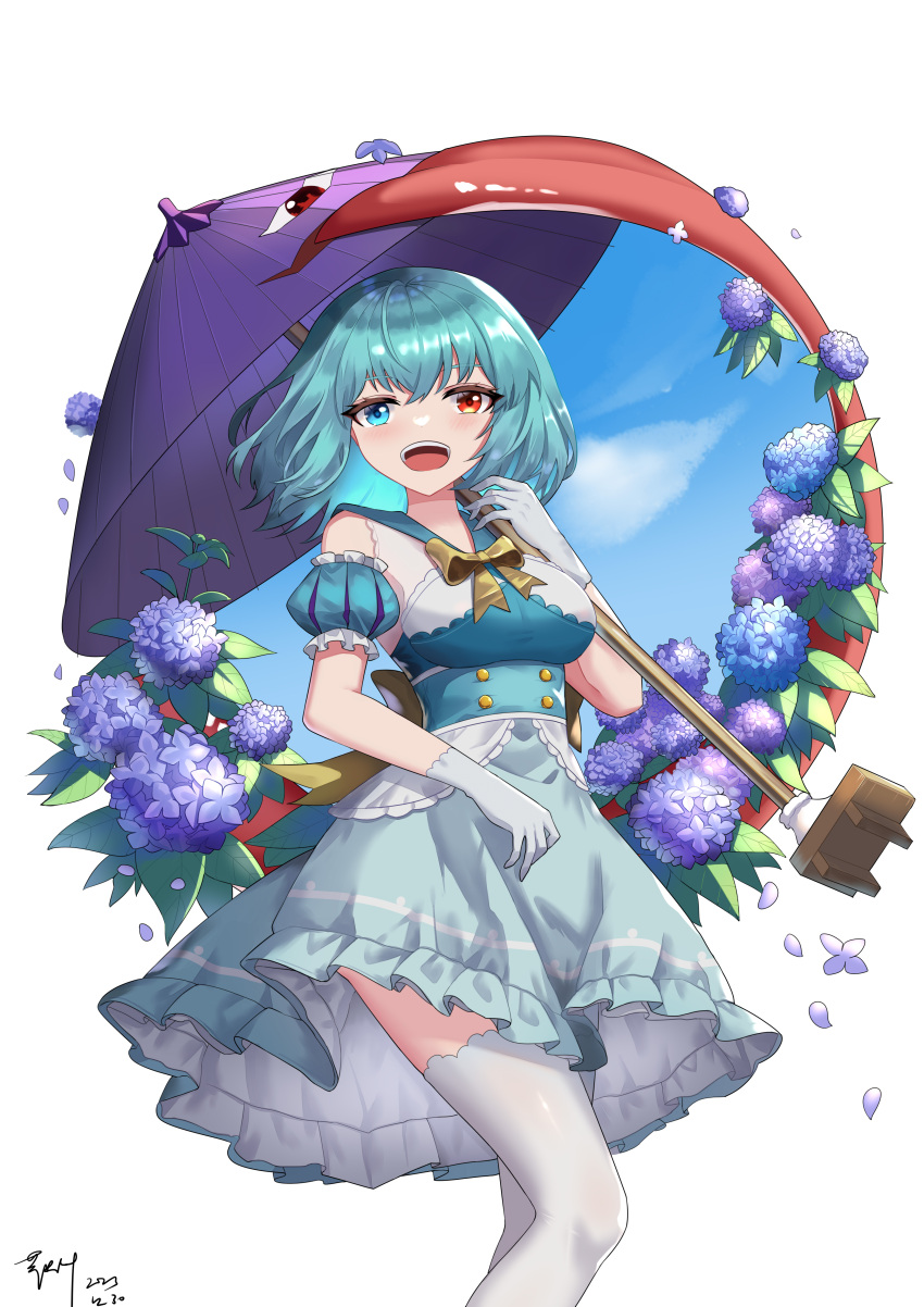 1girl absurdres adapted_costume blue_eyes blue_hair blue_sky breasts commentary dated flower heterochromia highres holding holding_umbrella hydrangea karakasa_obake looking_at_viewer open_mouth purple_umbrella qinyuzhen red_eyes signature sky solo tatara_kogasa teeth thighhighs tongue touhou umbrella upper_teeth_only white_thighhighs