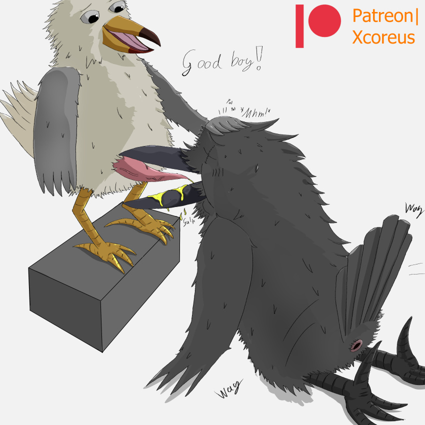 abraham_(xcoreus) absurd_res animal_genitalia anthro avian beak beak_open bird bird_legs blush blush_lines bodily_fluids butt cel_shading cheek_tuft cloaca corvid corvus_(genus) dominant dominant_male drinking drinking_urine duo enjoying eyes_closed facial_tuft feathers fluffy genital_fluids genitals good_boy gull hi_res kneeling lari larid looking_down looking_pleasured male male/male muffled on_ground onomatopoeia oscine passerine peeing penis petting petting_head praise presenting presenting_hindquarters raven scar shaded simple_background sound_effects standing standing_on_object submissive submissive_male swallowing tail tail_feathers tail_motion tailwag tapering_penis text tuft urine urine_in_mouth vein veiny_penis watersports wings xcoreus