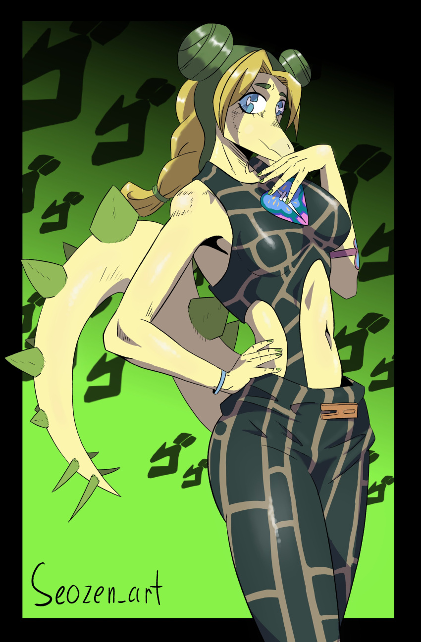 5_fingers absurd_res alternate_hairstyle anthro blonde_hair blue_eyes bottomwear breasts clothed clothing colored cosplay crossover crossover_cosplay dinosaur female fingers hair hand_on_hip hi_res jojo's_bizarre_adventure jolyne_cujoh long_tail looking_at_viewer meme menacing_(meme) midriff ornithischian pants ponytail reptile scalie seozen simple_background snoot_game snout spiked_tail spikes spikes_(anatomy) standing stegosaurian stegosaurus stella_(snoot_game) tail tail_plates thyreophoran