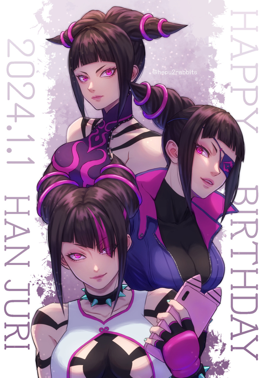 age_progression asymmetrical_bangs biker_clothes bikesuit black_hair bodysuit breasts cellphone cleavage collar epuusa eyelashes eyepatch hair_horns hair_over_one_eye han_juri happy_birthday highres looking_at_viewer multicolored_hair multiple_persona parted_lips phone purple_eyes smartphone smartphone_case spiked_collar spikes streaked_hair street_fighter street_fighter_6 street_fighter_iv_(series) street_fighter_v upper_body