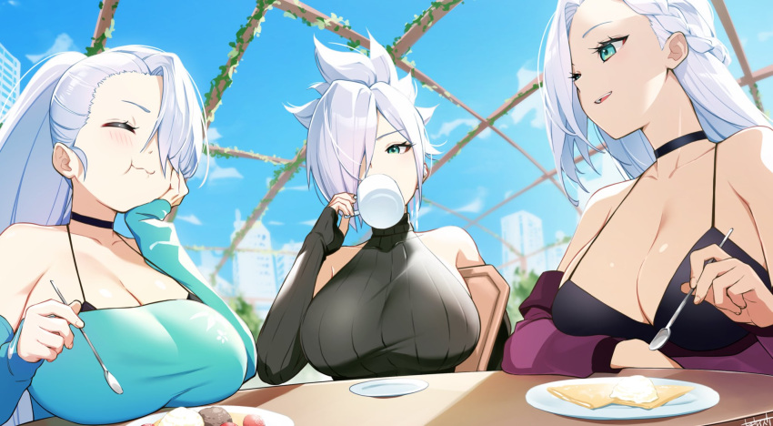 3girls bare_shoulders black_choker black_sweater blue_eyes blue_sky breasts building chair chewing choker cleavage closed_eyes cloud detached_sleeves drinking eating food french_kiss hair_over_one_eye high_ponytail highres holding holding_spoon kiss large_breasts long_hair looking_at_another multiple_girls off_shoulder original plate ribbed_sweater signature sitting sky skyscraper sleeves_past_wrists spoon sweater table tochi_keisuke upper_body white_hair