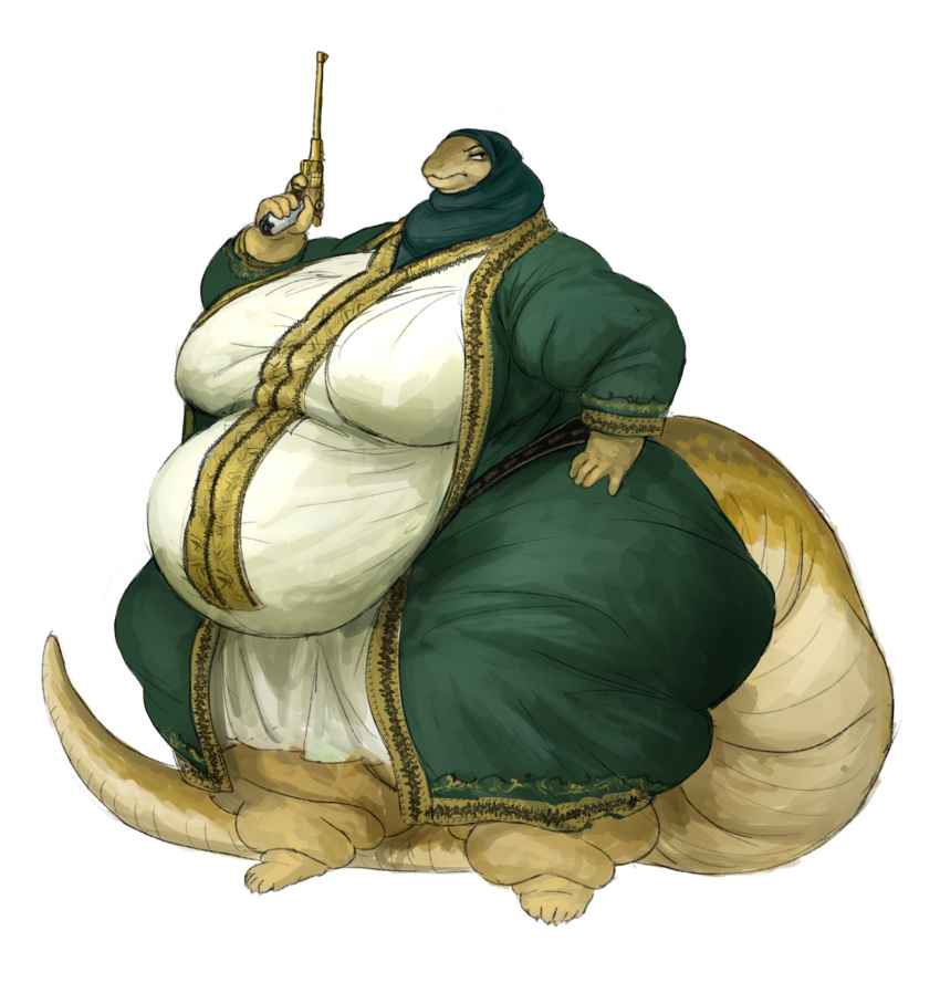 2021 anthro barefoot belly big_belly big_breasts breasts cettus clothed clothing dress fat_rolls feet female frown gold_skin golden_gun gun hand_on_hip handgun headgear headwear hi_res hijab holding_gun holding_handgun holding_object holding_pistol holding_weapon middle_eastern_clothing morbidly_obese morbidly_obese_anthro morbidly_obese_female obese obese_anthro obese_female overweight overweight_anthro overweight_female pistol pose ranged_weapon religious_clothing religious_headwear reptile scalie simple_background snake solo standing tail thick_tail thick_thighs weapon white_background wide_hips