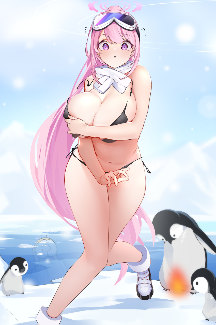 1girl absurdres bare_shoulders bird blue_archive blush bonfire breasts chinese_commentary cleavage commentary_request covering_breasts covering_privates dun_ji eimi_(blue_archive) eimi_(swimsuit)_(blue_archive) goggles goggles_on_head halo highres huge_breasts long_hair looking_down navel penguin pink_eyes pink_hair pink_halo scarf ski_goggles standing stomach thighs white_scarf