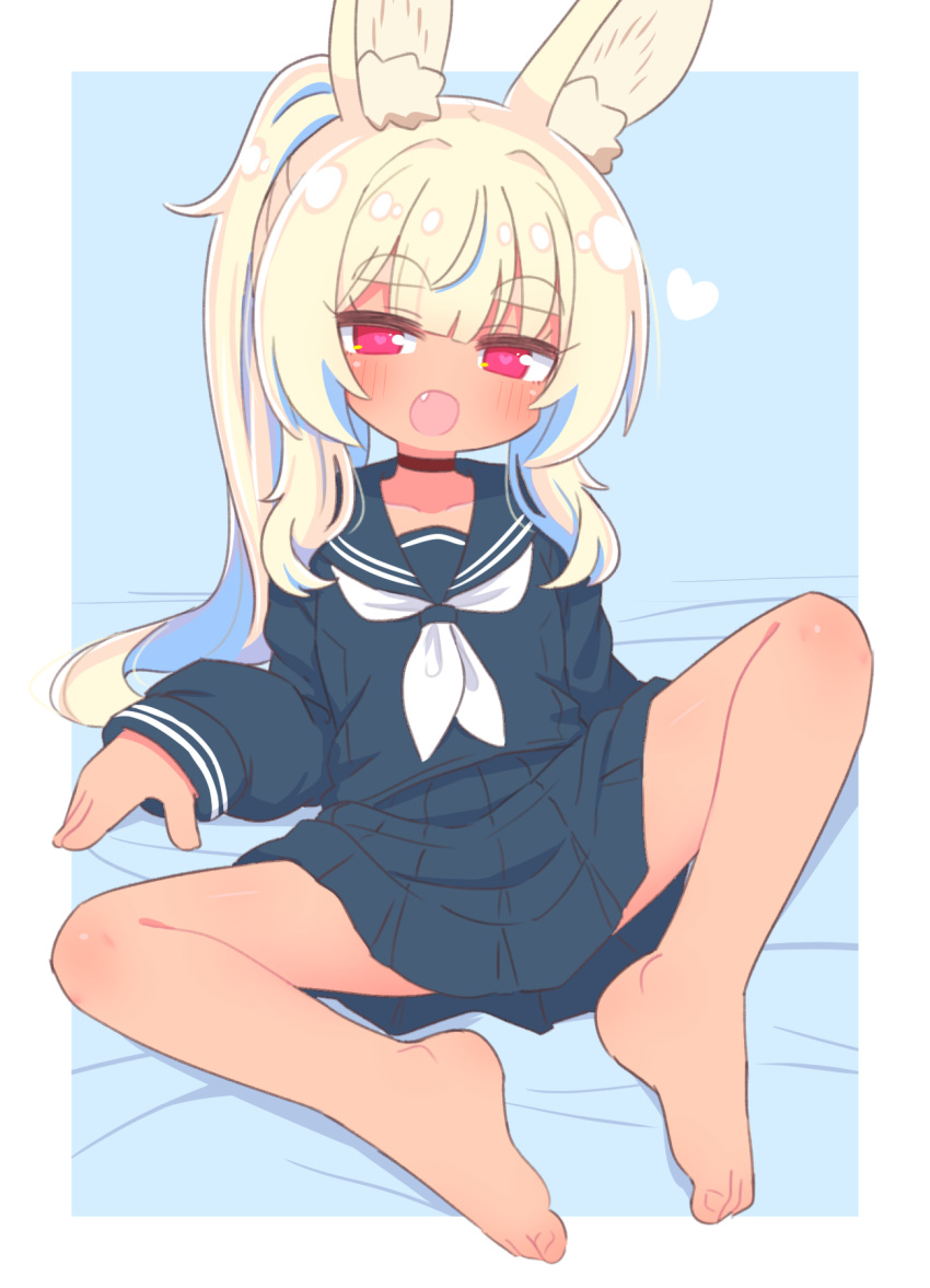 1girl :d animal_ear_fluff animal_ears barefoot bed_sheet blonde_hair blue_background blue_hair blue_sailor_collar blue_serafuku blue_shirt blue_skirt blush border breasts choker collarbone dark-skinned_female dark_skin fang feet full_body half-closed_eyes heart heart-shaped_pupils highres long_hair long_sleeves looking_at_viewer masurao_(sekaiju) masurao_2_(sekaiju) miniskirt multicolored_hair naga_u neckerchief open_mouth outside_border pink_eyes pleated_skirt ponytail puffy_long_sleeves puffy_sleeves rabbit_ears rabbit_girl red_choker revision sailor_collar sailor_shirt school_uniform sekaiju_no_meikyuu sekaiju_no_meikyuu_5 serafuku shirt sitting skirt sleeves_past_wrists small_breasts smile solo spread_legs symbol-shaped_pupils thick_eyebrows toenails toes two-tone_hair white_border white_neckerchief