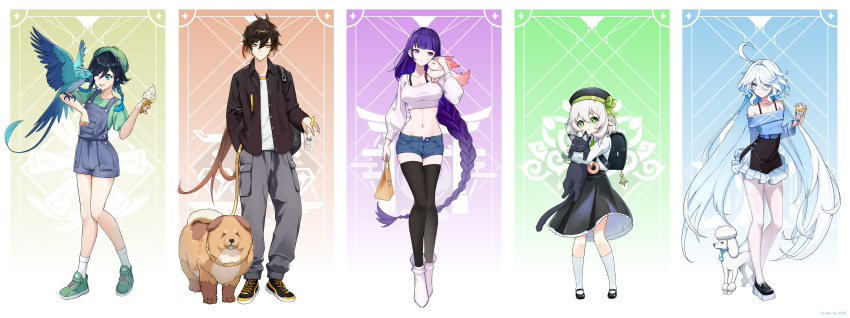 2boys 3girls ;d absurdres ahoge animal animal_on_arm aranara_(genshin_impact) bag bare_legs bare_shoulders beret bird black_cat black_footwear black_hair black_headwear black_jacket black_skirt black_thighhighs blue_eyes blue_hair boots bow bra_strap braid brown_hair cat commentary_request crop_top cropped_sweater cup denim denim_shorts disposable_cup dog doughnut food full_body furina_(genshin_impact) genshin_impact gradient_hair green_bow green_eyes green_footwear green_headwear green_necktie green_shirt grey_pants grin hair_intakes hat hat_bow highres holding holding_animal holding_bag holding_cat holding_cup holding_food ice_cream jacket kaidi keychain kneehighs long_braid long_hair long_sleeves looking_at_viewer mary_janes midriff miniskirt multicolored_hair multiple_boys multiple_girls nahida_(genshin_impact) navel necktie off-shoulder_shirt off_shoulder one_eye_closed open_clothes open_fly open_jacket overall_shorts overalls pants pantyhose parrot petticoat pointy_ears purple_eyes purple_hair raiden_shogun shirt shoes short_hair short_shorts shorts skirt smile sneakers socks standing stomach thighband_pantyhose thighhighs thighs twin_braids venti_(genshin_impact) very_long_hair white_footwear white_hair white_pantyhose white_shirt white_socks yae_miko yae_miko_(fox) yellow_eyes zhongli_(genshin_impact)