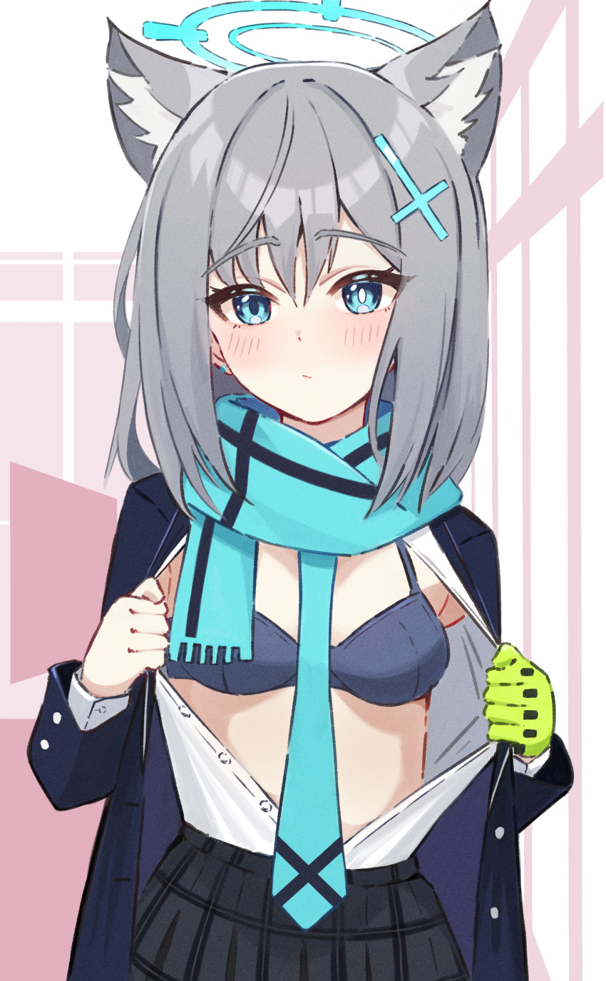 1girl absurdres animal_ear_fluff animal_ears black_skirt blue_archive blue_bra blue_eyes blue_halo blue_scarf bra breasts bright_pupils closed_mouth commentary cross_hair_ornament grey_hair hair_ornament halo highres jacket long_sleeves looking_at_viewer medium_breasts mismatched_pupils nak open_clothes open_jacket plaid plaid_skirt scarf shiroko_(blue_archive) short_hair skirt solo underwear white_pupils