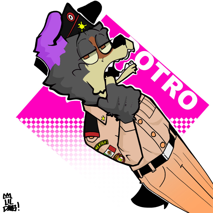anthro cadet clothing fangs finger_in_mouth hat headgear headwear hi_res lil_doggy lil_doggy_(artist) looking_at_viewer male mexican_flag military military_cap military_clothing military_pants military_uniform open_mouth solo teeth uniform