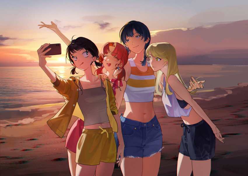 4girls :p absurdres arm_at_side arm_up arms_behind_back backlighting bare_shoulders beach black_eyes black_hair black_shorts blonde_hair blush braid breasts cellphone chromatic_aberration closed_eyes cloud cloudy_sky collarbone cowboy_shot crop_top crop_top_overhang denim denim_shorts dot_nose double_horizontal_stripe drawstring earrings egashira_mika evening foam gradient_sky green_eyes grey_sky gym_shorts hand_on_another's_shoulder hand_up happy head_tilt heart heart_earrings highres holding holding_phone hood hood_down hooded_jacket hoop_earrings horizon iwakura_mitsumi jacket jewelry kemimono kurume_makoto laughing light_smile lineup looking_back low_twin_braids low_twintails lower_teeth_only midriff midriff_peek multiple_girls murashige_yuzuki navel open_clothes open_jacket orange_sky outdoors parted_bangs phone red_hair selfie shore short_twintails shorts skip_to_loafer sky small_breasts smartphone sports_bra sun sunlight sunset swept_bangs taking_picture tank_top teeth thighs tongue tongue_out tsurime twin_braids twintails water white_tank_top yellow_jacket yellow_shorts yellow_sky