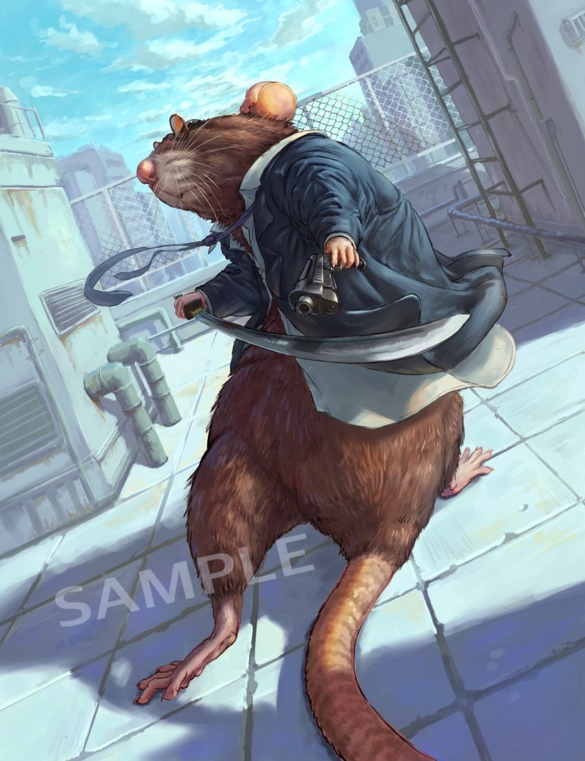 2023 5_fingers 5_toes anthro biped brown_body brown_fur clothing detailed_background eyewear feet fingers fur glasses hi_res mammal murid murine necktie nejumipro outside rat rodent sample shirt solo toes topwear weapon