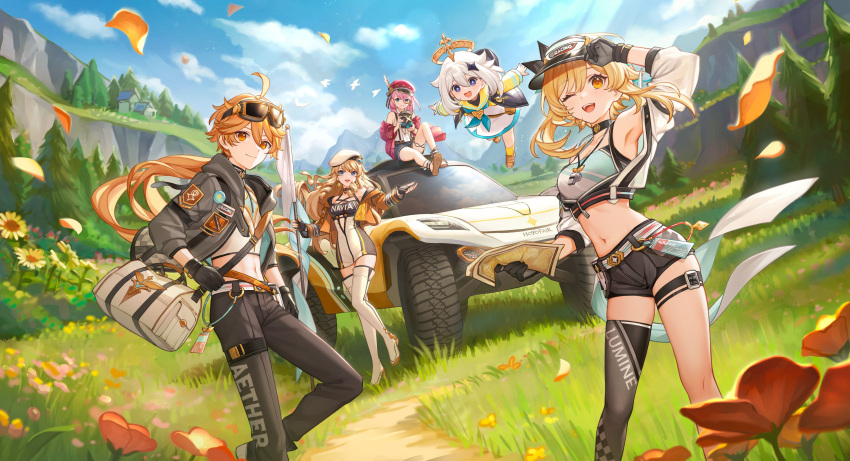 1boy 4girls ;d absurdres aether_(genshin_impact) ahoge armpits black_shorts blonde_hair blue_eyes breasts character_name charlotte_(genshin_impact) cleavage clothes_writing commentary_request crop_top drill_hair duplicate genshin_impact goggles goggles_on_head hair_between_eyes hat highres jewelry long_hair lumine_(genshin_impact) midriff monocle multiple_girls navel navia_(genshin_impact) official_alternate_costume official_alternate_hairstyle official_art one_eye_closed open_mouth paimon_(genshin_impact) pink_hair red_headwear short_hair_with_long_locks shorts sidelocks siya_ho smile stomach thighs very_long_hair yellow_eyes