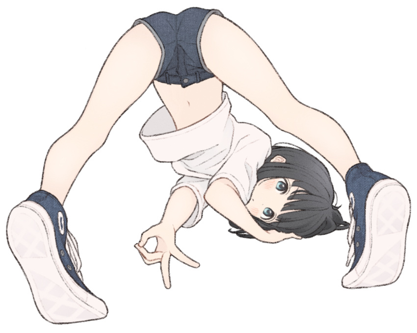 1girl 1ssakawaguchi ass black_hair blue_eyes blue_footwear blue_shorts blunt_bangs blush bob_cut closed_mouth clothes_lift commentary commentary_request denim denim_shorts foreshortening from_behind full_body hand_on_ground hand_to_head head_on_ground heel_up highres ichika_(1ssakawaguchi) jack-o'_challenge kneepits light_blush looking_at_viewer looking_back loose_hair_strand midriff navel ok_sign original pursed_lips shirt shirt_lift shoes short_hair short_shorts short_sleeves shorts simple_background sneakers solo spread_legs t-shirt top-down_bottom-up two-tone_footwear v white_background white_footwear white_shirt