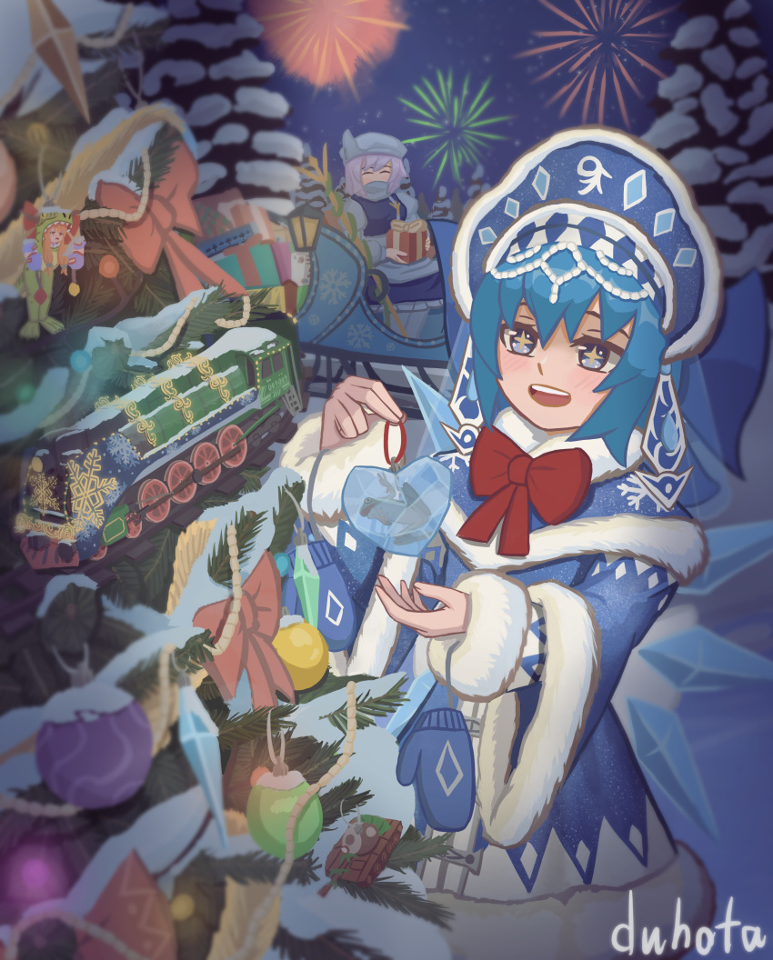 +_+ 2girls absurdres blue_eyes blue_hair blue_headwear blue_mittens blue_skirt blue_vest blush bow bowtie box christmas_ornaments christmas_tree cirno coat commentary diamond_(shape) duhota fireworks flower_tank_(touhou) frilled_skirt frills fur-trimmed_coat fur-trimmed_sleeves fur_trim gift gift_box grey_hair heart highres ibuki_suika ice ice_wings kokoshnik letty_whiterock long_sleeves medium_hair mittens multiple_girls new_year open_mouth red_bow red_bowtie russian_clothes russian_commentary short_hair skirt slavic_clothes sleigh snegurochka_(mythology) snow snowflake_print spruce touhou train turtleneck unworn_mittens vest white_headwear wings