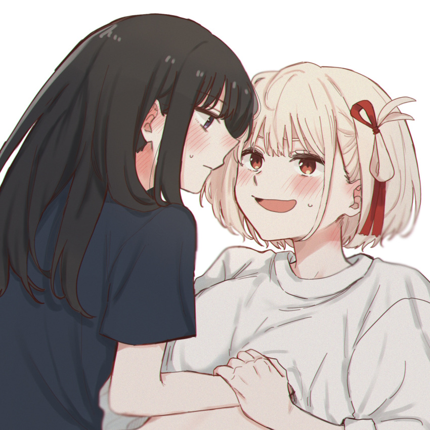 2girls black_hair blonde_hair blue_shirt blush bob_cut closed_mouth commentary_request ear_blush eye_contact grabbing grabbing_another's_breast hair_ribbon highres holding_another's_wrist inoue_takina long_hair long_sleeves looking_at_another lycoris_recoil midriff multiple_girls navel neck_blush nishikigi_chisato one_side_up open_mouth purple_eyes red_eyes red_ribbon ribbon shirt short_hair short_sleeves sidelocks simple_background sleeves_past_elbows sweatdrop sweater white_background white_sweater yarou_(0tyaro) yuri