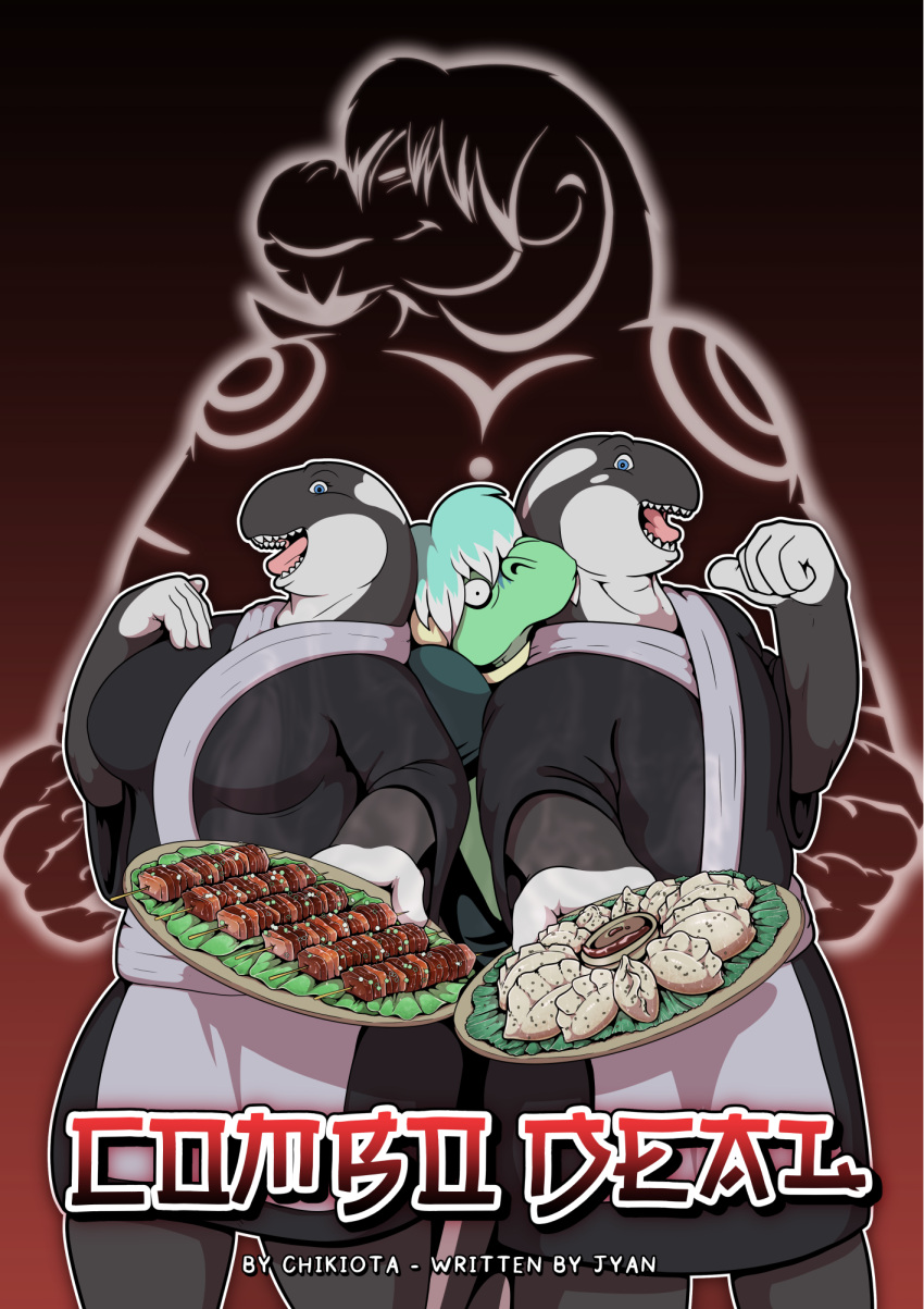 anthro breasts cetacean chikiot chikiota clothed clothing comic digital_media_(artwork) dolphin dragon dumplings female food group hair hi_res holding_object kebab male mammal marine markings meat oceanic_dolphin open_mouth orca plant plate scalie shirt smile teeth text tongue toothed_whale topwear trio