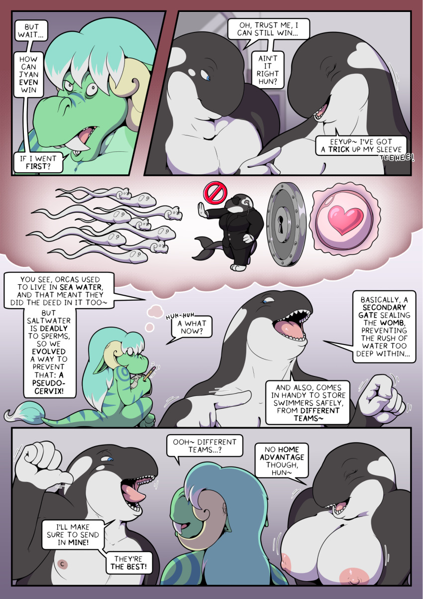 anthro areola biceps big_breasts bouncer breasts cetacean chikiot chikiota clothed clothing comic detailed_background dialogue digital_media_(artwork) dolphin dragon english_text female green_body group hair hi_res horn inside learning lock male mammal marine mirror muscular nipples notebook oceanic_dolphin open_mouth orca ovum ovum_with_heart pencil_(object) pupils security shirt small_pupils smile speech_bubble sperm_cell standing tail teeth text thought_bubble tongue toothed_whale topwear trio