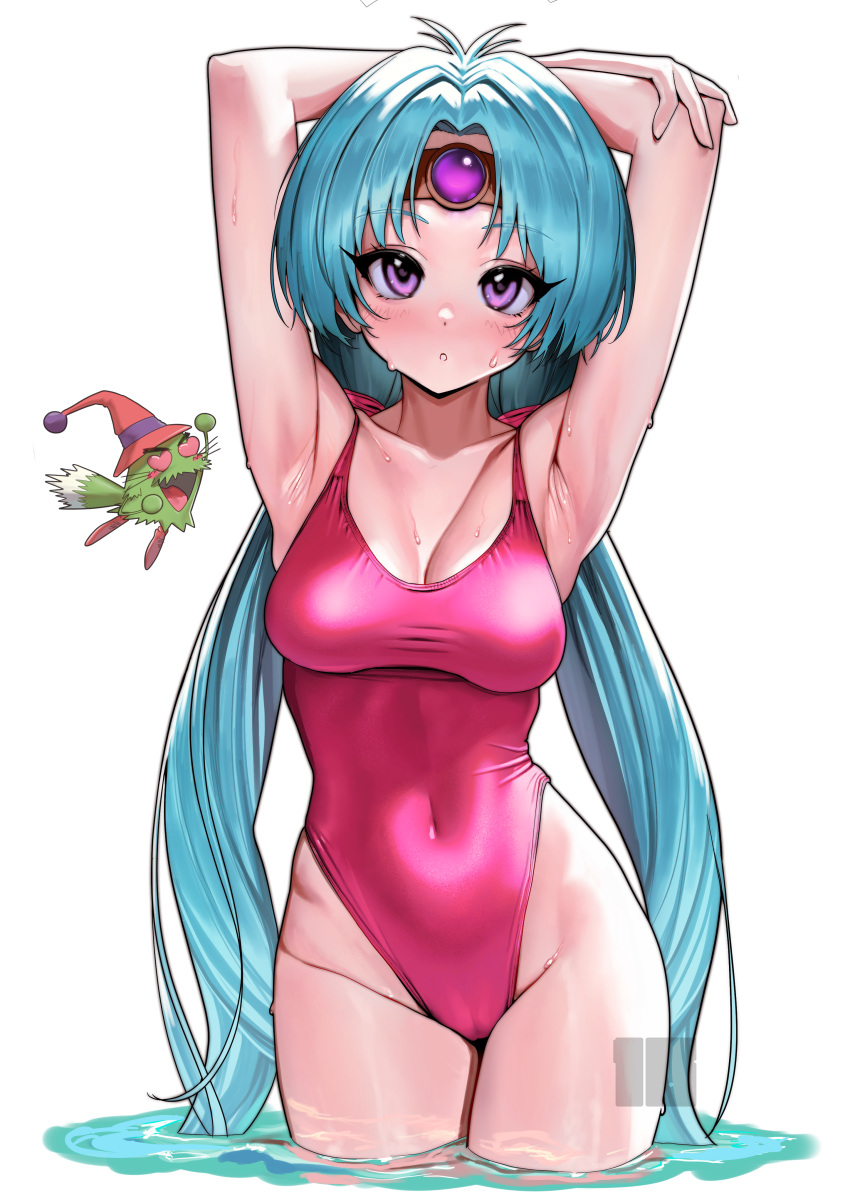 1girl absurdres aqua_hair arm_behind_head arms_up breasts circlet commentary_request commission competition_swimsuit covered_navel creature hagu_hagu haou_taikei_ryuu_knight highleg highleg_swimsuit highres long_hair medium_breasts nanja one-piece_swimsuit paffy_pafuricia pink_one-piece_swimsuit purple_eyes simple_background swimsuit white_background