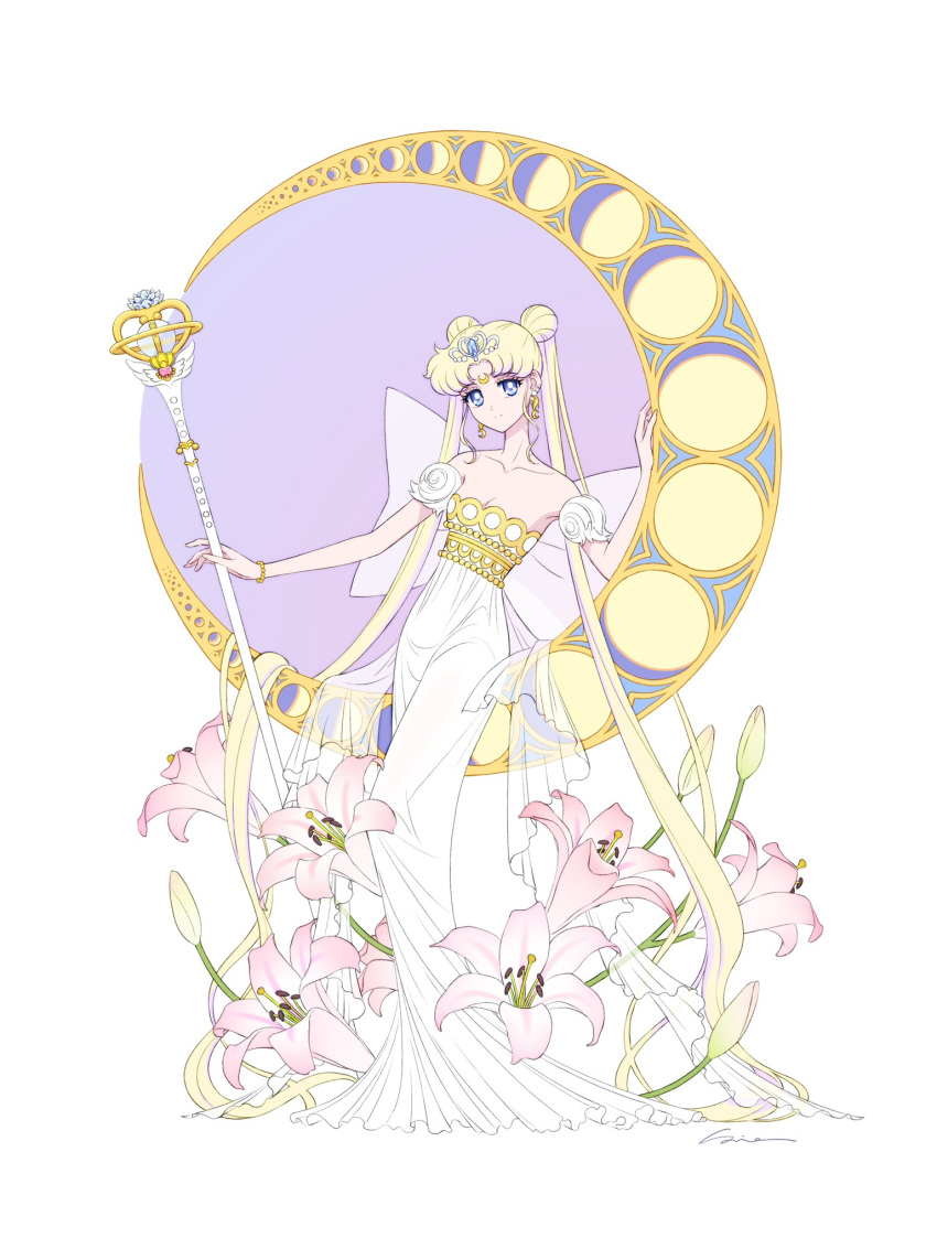 1girl absurdly_long_hair art_nouveau bishoujo_senshi_sailor_moon blonde_hair blue_eyes crescent crescent_earrings crescent_facial_mark detached_sleeves double_bun dress earrings facial_mark flower forehead_mark hair_bun highres holding holding_staff jewelry long_dress long_hair neo_queen_serenity pink_flower sidney_deng smile solo staff tiara tsukino_usagi very_long_hair white_dress